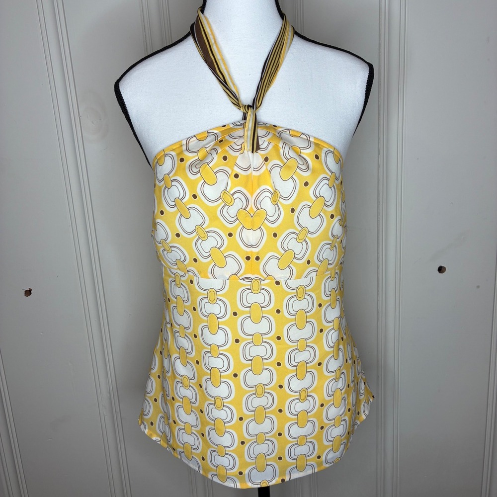 Ann Taylor Loft Petites Yellow Geometric Chain Print Halter Top Blouse 4P retro